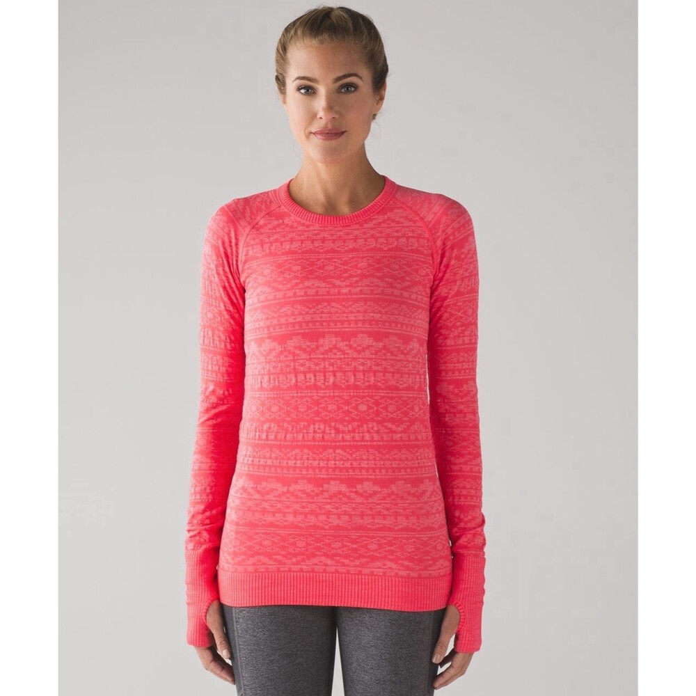 LULULEMON Swiftly Rest Less Pullover Thumbholes 2 Heathered Electric Coral
